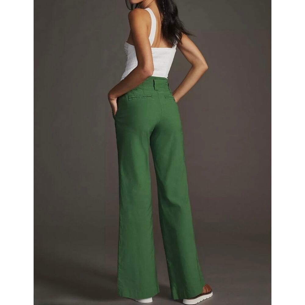 Maeve Anthropologie Naomi Wide Leg Flare Pants Green Linen Blend High Rise Sz 8 - Picture 2 of 14